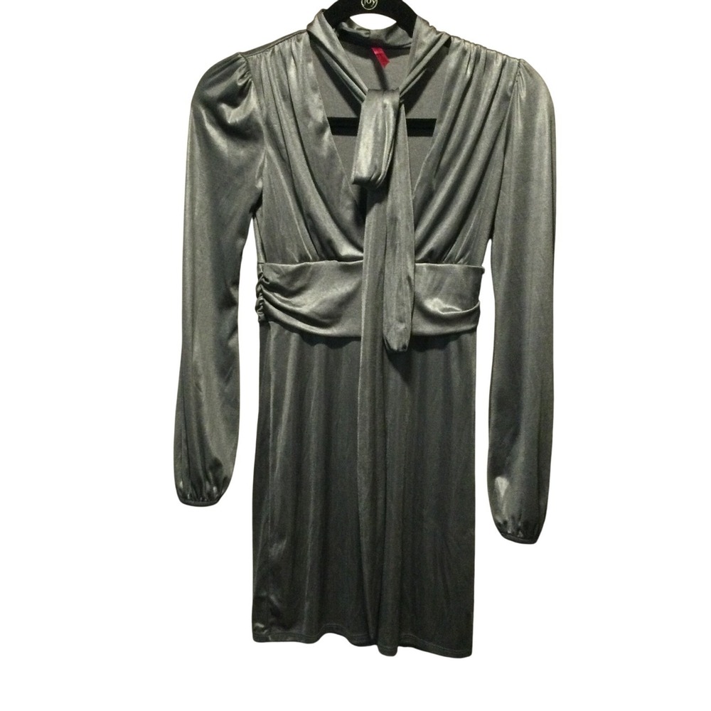 Magenta Metallic Long Sleeve Tie Neck Gathered Waist Mini Dress Women'Size Small